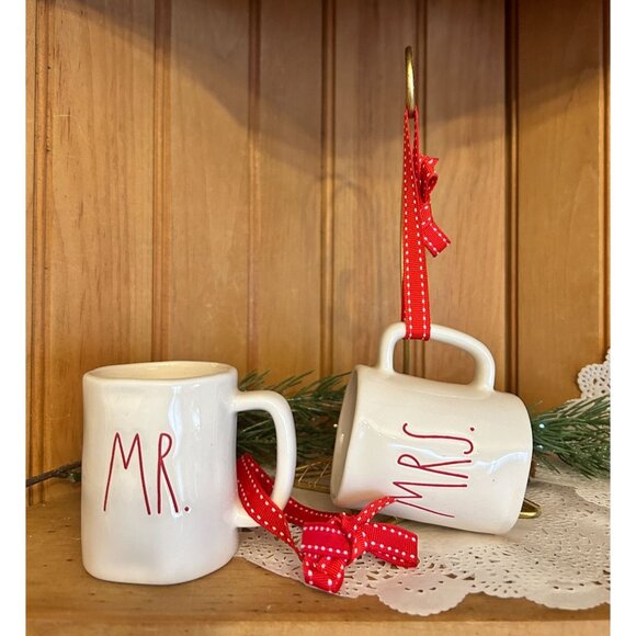 Rae Dunn Mr Mrs Ceramic Mug Ornament Red White Ribbon First Christmas Together - Picture 1 of 8
